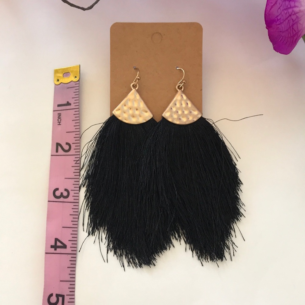Black, Fringe Drop Dangle Earrings - Picture 3 of 5